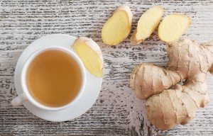 Ginger tea A cup of tea with ginger chunks